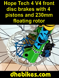2025 super powerful and natural feeling industry leading Hope 4 piston disc brakes model Tech 4, Version 4 with 230 mm floating rotor and titanium mounting bolts