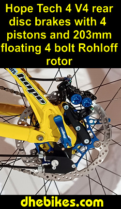 2025 super powerful and natural feeling industry leading Hope 4 piston disc brakes model Tech 4, Version 4 with 203 mm 4 bolt special Rohloff floating rotor and titanium mounting bolts
