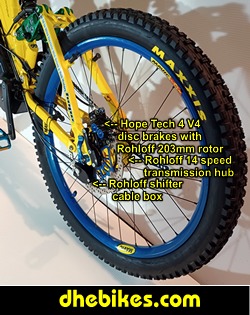 Click on the image for the details page showing the Rohloff 14 speed internal transmission hub and Hope Tech 4 Version 4 downhill disc brakes on this custom electric pedal assist downhill mountain bike