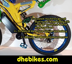 Click on the image for a larger photo showing the Bafang 750 Watt 51 Volt electric pedal assist motor system and custom made rear suspension on this custom electric pedal assist downhill mountain bike