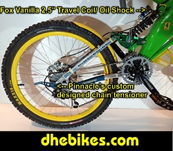 Downhill Dave's custom 2000 Norco VPS Downhill Mountain Bike with White Brothers inverteed fork and titanium bar as well as a long travel Fox Vanilla rear shock and custom made suspension linkage plates with bearings.