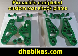 Pinnacle Innovations' custom made rear suspension linkage plates - made from 6061 aircraft aluminum that permit super long rear wheel travel and fully equipped with bearings on all pivots and custom anodized lime green