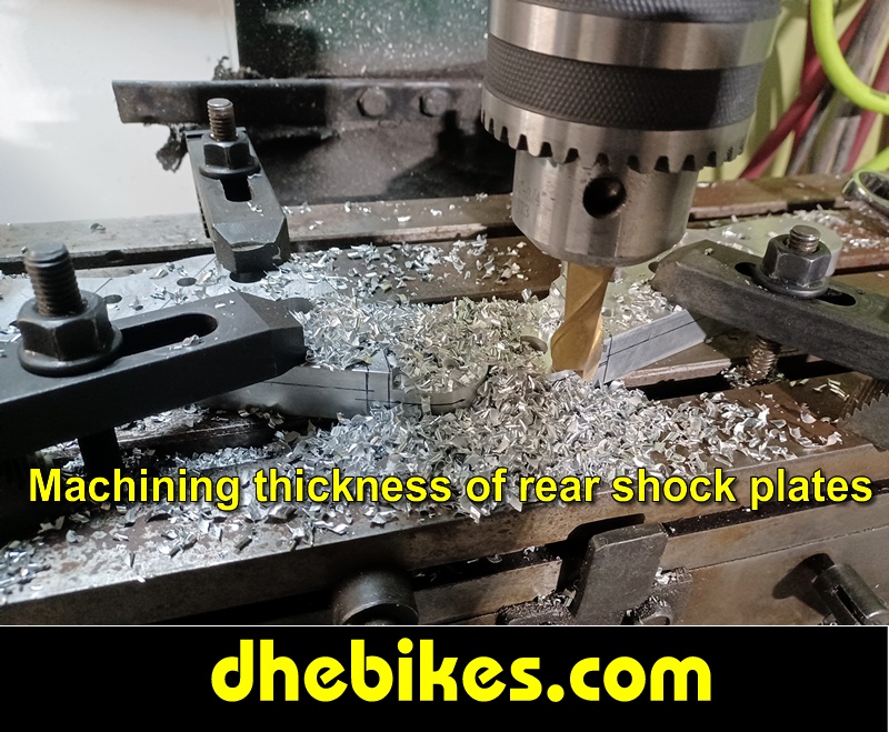 Pinnacle Innovations picture showing machining in progress of the thickness for two Norco custom downhill bike's long travel rear suspension linkage plates made from 6061 aircraft aluminum.
