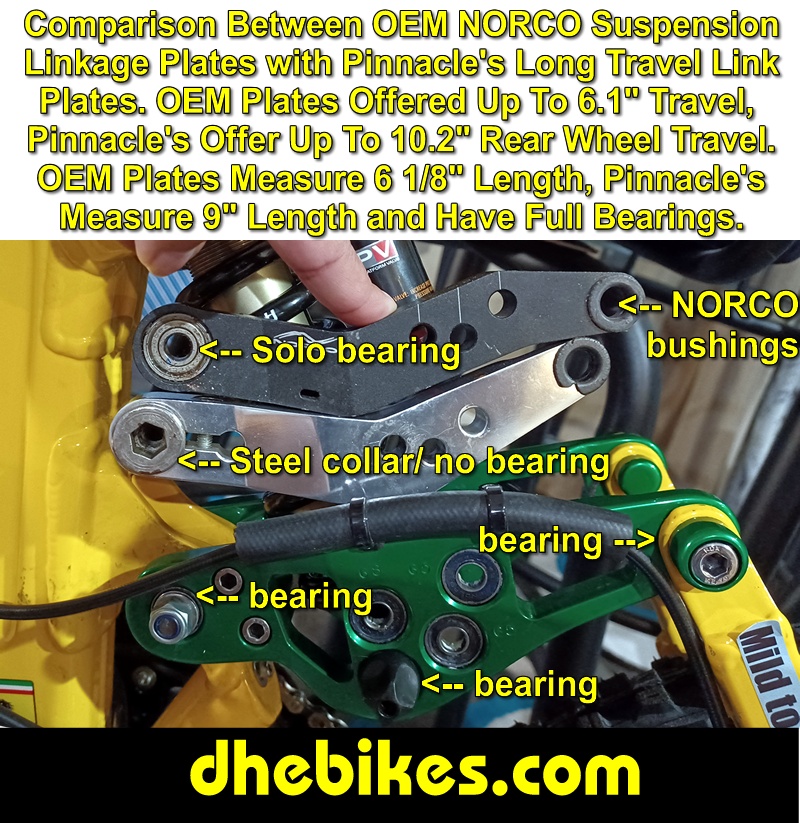 Comparison of the original Norco rear shock plates with Pinnacle's new custom made long travel rear shock plates with full bearings
