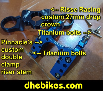 Pinnacle Innovations' custom made high rise double clamp bar stem - made from 6061 aircraft aluminum and custom anodized blue